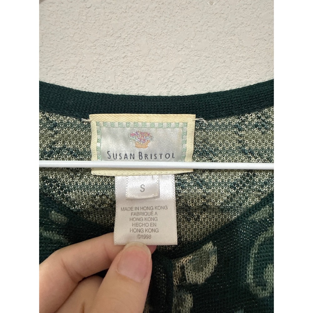 Susan Bristol Cardigan Sweater Women S Green Floral Wool Blend Vintage Damask - Picture 2 of 7
